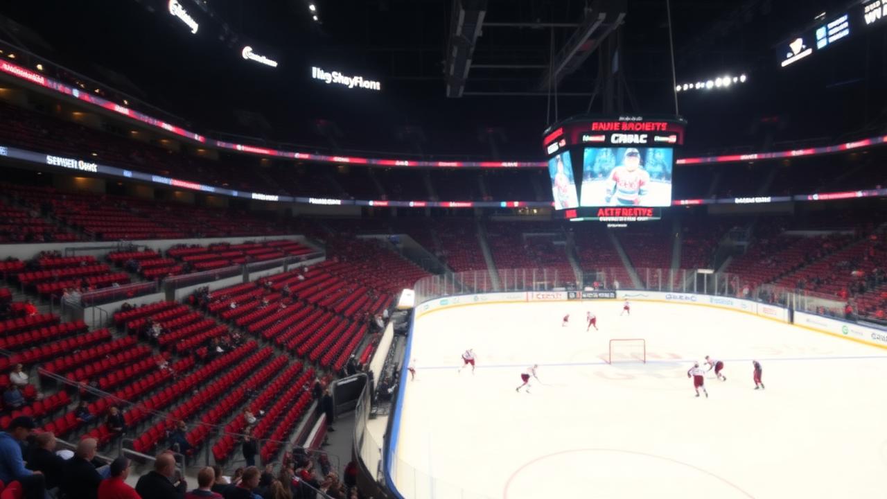 Hockey arena from the stands during a night game